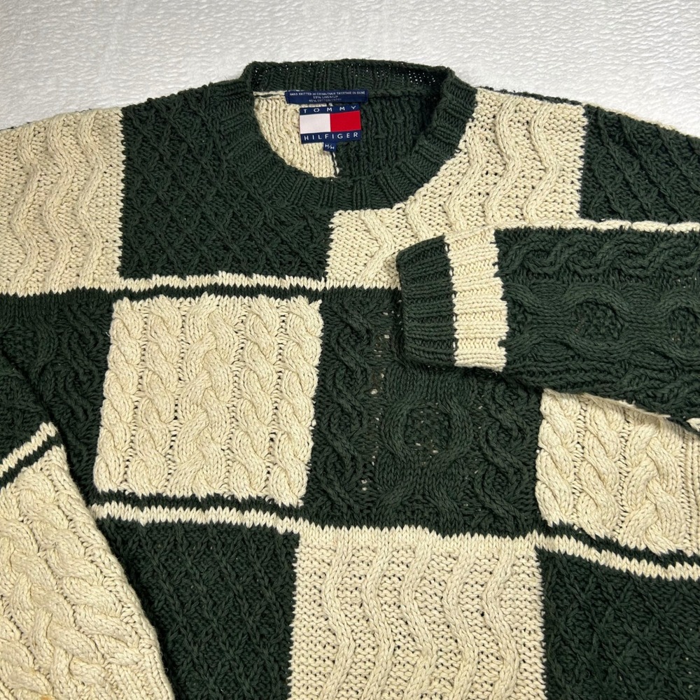 Vintage Chunky Cable Knit Checkerboard Sweater Linen Cotton Tommy Hilfiger Sz. M